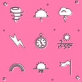 Set Tornado, Sunset, Storm, Lightning bolt, Compass, Drought, Rainbow and icon. Vector Royalty Free Stock Photo