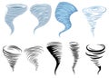 Set of tornadoes. Collection of stylized tornadoes. Vector illustration of a weather cataclysm. Hurricane.