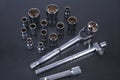 Set of torque wrenches or car repair. Professional tools. Torque wrench, tool with reversible ratchets. Hand tool for tightening