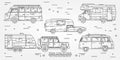 Set of Tourist bus, SUV, trailer, jeep, RV camper trailer, Traveler truck. Summer trip family travel concept. Thin line icon. Ve