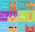 set of tourist cards with landmarks of different European countries