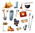 Set of tourist equipment or tools for hiking, climbing and walking