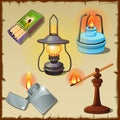 Set of tourist from matches, lamps, torch
