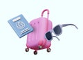 Set of tourist. Realistic pink plastic suitcase with wheels, international passport, sunglasses