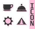 Set Tourist tent, Coffee cup, Sun and Hotel service bell icon. Vector