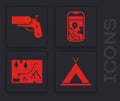 Set Tourist tent, Flare gun pistol, City map navigation and Folded map with location icon. Vector