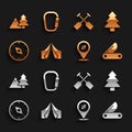 Set Tourist tent, Forest, Swiss army knife, Compass, Paddle, Mountains with tree and Carabiner icon. Vector