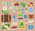 Set of tourist things stickers for keeping a diary, Travel items, Mens set, Vector objects suitcase, backpack, first aid Royalty Free Stock Photo