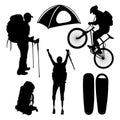 Set of tourists with backpacks on a bicycle and equipment. Travelers and people with disabilities walk in the fresh air