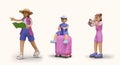 Set of tourists in cartoon style. Woman with map, boy with suitcase, girl with camera