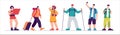 Set of tourists characters, traveling people. Vector illustration on the subject of summer vacation, adventures, hiking