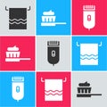 Set Towel on a hanger, Toothbrush with toothpaste and Electrical hair clipper or shaver icon. Vector