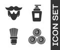 Set Towel rolls, Mustache and beard, Shaving brush and Bottle of shampoo icon