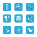 Set Towel stack, Clothes pin, Rubber duck, Electric boiler, plunger, Hair dryer, Toothbrush and Hairbrush icon. Vector