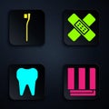 Set Towel stack, Toothbrush, Tooth and Crossed bandage plaster. Black square button. Vector