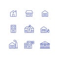 Set town builing icon collection. Bank, house, garage, shop, gas station, school, hopital, factory, and office icon