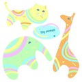 Set of toy animals, children`s toys, isolated, elephant, lion, giraffe, pastel colors