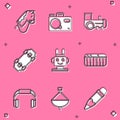 Set Toy horse, Photo camera, train, Skateboard, Robot toy, Music synthesizer, Headphones and Whirligig icon. Vector