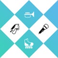 Set Toy horse, Roller skate, Trumpet and Microphone icon. Vector