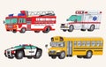 Set of Toy social Vehicles. Special Machines, police car, fire truck, ambulance, school bus, city bus. Toy Cars. Vector