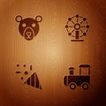 Set Toy train, Bear head, Festive confetti and Ferris wheel on wooden background. Vector