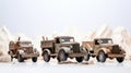 Handcrafted Antique Wooden Military Trucks On White Background