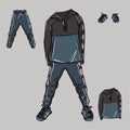 A set of tracksuit, hoodie, trousers and sneakers. Basic wardrobe. Clothes, shoes, bags for every day. Vector isolated