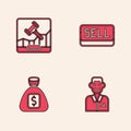 Set Trader, Online internet auction, Sell button and Money bag icon. Vector
