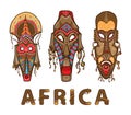 Set of traditional african masks. Decorative inscription Africa