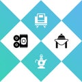 Set Traditional carpet, Islamic teapot, Holy book of Koran and Table food icon. Vector
