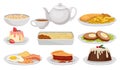 Flat vector set of traditional English food. Tasty dishes, desserts and tea. British cuisine. Elements for recipe book