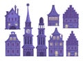 Set with traditional European old town.Town hall, chapel, beautiful houses, city street. Vector cartoon ancient