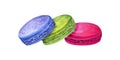 Set of traditional French macarons. Colorful Almond cookies, macaroon cake. Blue, green and red sweet dessert. Watercolor