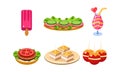 Flat vector set of traditional French snacks and drink. Ice-cream, sandwiches, cocktail and desserts. Cartoon food icons Royalty Free Stock Photo