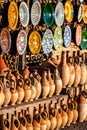 A set of traditional, handmade Moroccan clay dishes. Bowls, plates, tagines, jugs Royalty Free Stock Photo