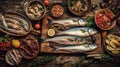 Traditional italian fish food on rustic wooden table, flat lay, top view, AI generative