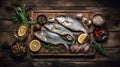 Traditional italian fish food on rustic wooden table, flat lay, top view, AI generative