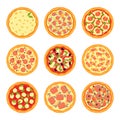 Set of traditional Italian pizzas isolated on white background. Different ingredients. Vector illustration in flat style.