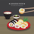 Set of Traditional Japanese food, Sushi Roll with Miso Soup and Wasabi Sauce. Cartoon Vector illustration Royalty Free Stock Photo