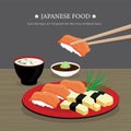 Set of Traditional Japanese food, Sushi Sake Nigiri and Tamagoyaki with Miso Soup and Wasabi Sauce. Cartoon Vector illustration Royalty Free Stock Photo