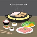 Set of Traditional Japanese food, Yakiniku version of Korean BBQ. Raw beef and pork slice cooking barbeque and grilled. Cartoon Ve Royalty Free Stock Photo