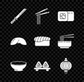 Set Traditional Japanese katana, Asian noodles and chopsticks, Sushi, Bowl of hot soup, cutting board, paper lantern Royalty Free Stock Photo