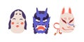 Set of traditional Japanese ritual noh theatre masks with faces of Okame, kitsune and blue devil. Colorful flat vector