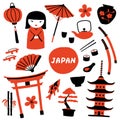 Set of traditional japanese symbols. Travel to Japan. Funny doodle hand drawn illustration.