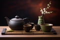 Set for traditional japanese tea ceremony, utensils arranged neatly. Generative AI Royalty Free Stock Photo