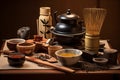 Set for traditional japanese tea ceremony, utensils arranged neatly. Generative AI Royalty Free Stock Photo