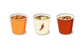 A set of traditional Korean dishes in instant takeaway cups - tteokbokki, ramen, spicy shrimp soup. Popular asian food in flat Royalty Free Stock Photo