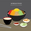 Set of Traditional Korean food, Bibimbap Rice with Soup and Vegetables Salad. Cartoon Vector illustration