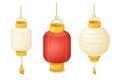 Set traditional lantern, hanging lamp, Japanese street light decorated with gold elements and tassel in cartoon style Royalty Free Stock Photo