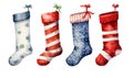 Set of traditional long Christmas striped stockings in watercolor